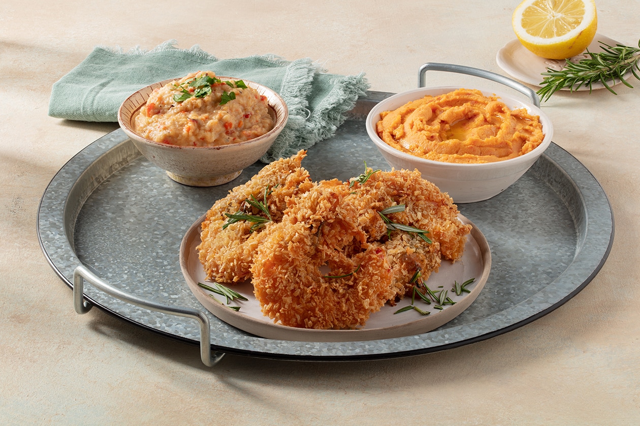 Çıtır Karides, Közlenmiş Kırmızı Biberli Humus ve Közlenmiş Patlıcan