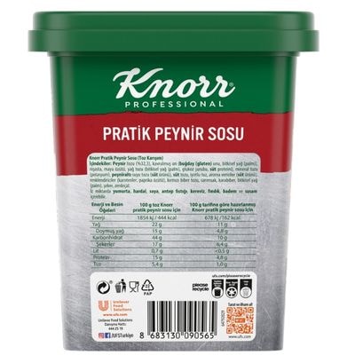 Knorr Professional Pratik Peynir Sosu 800GR - Knorr Professional Pratik Peynir Sosu, pratik  kullanımı ile makarnalardan  salatalara, hamur işlerinden et  yemeklerine kadar birçok farklı  reçeteye yoğun kıvamıyla yüksek performans sunar.